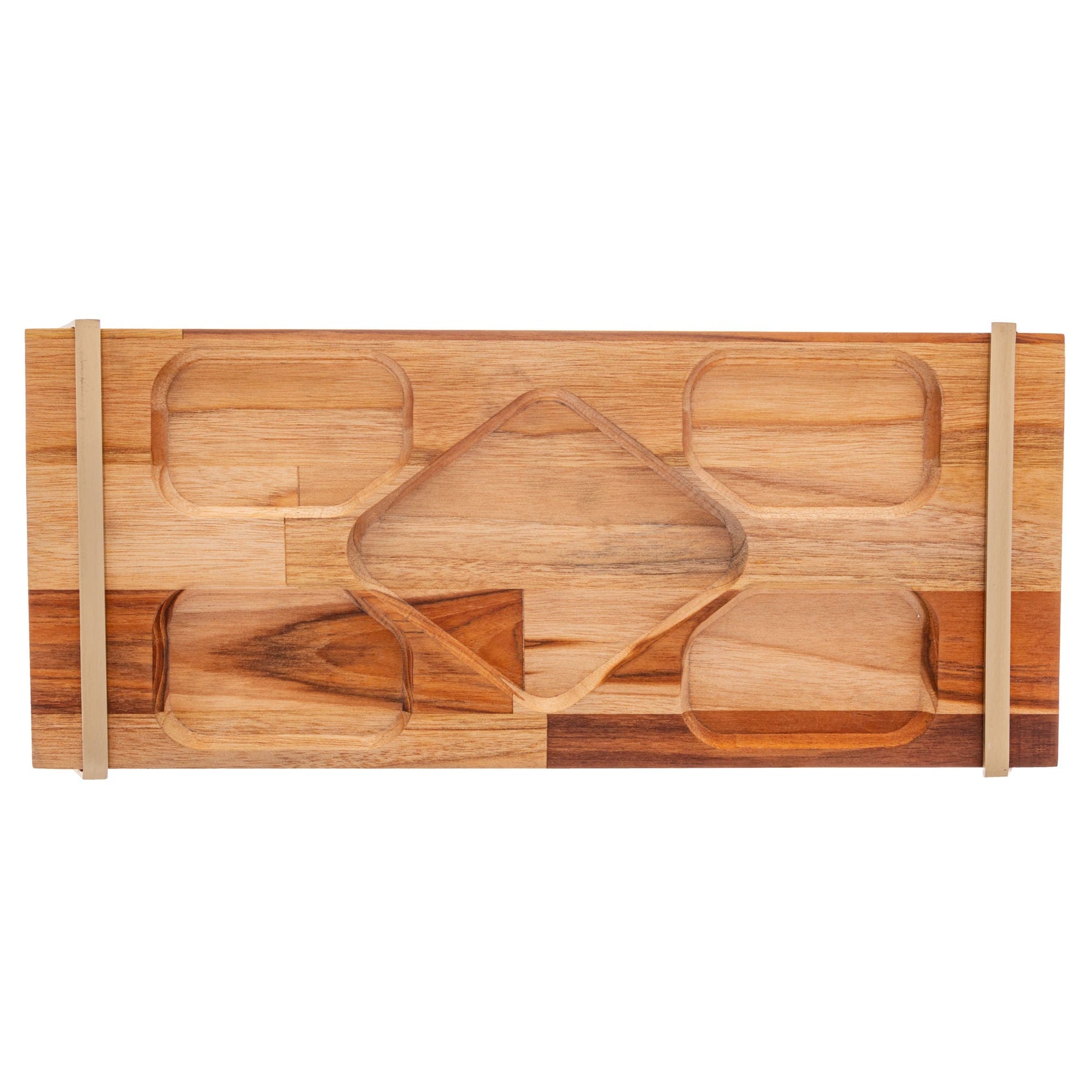 Bandeja de Madeira Teca com Aço Champanhe 41cm
