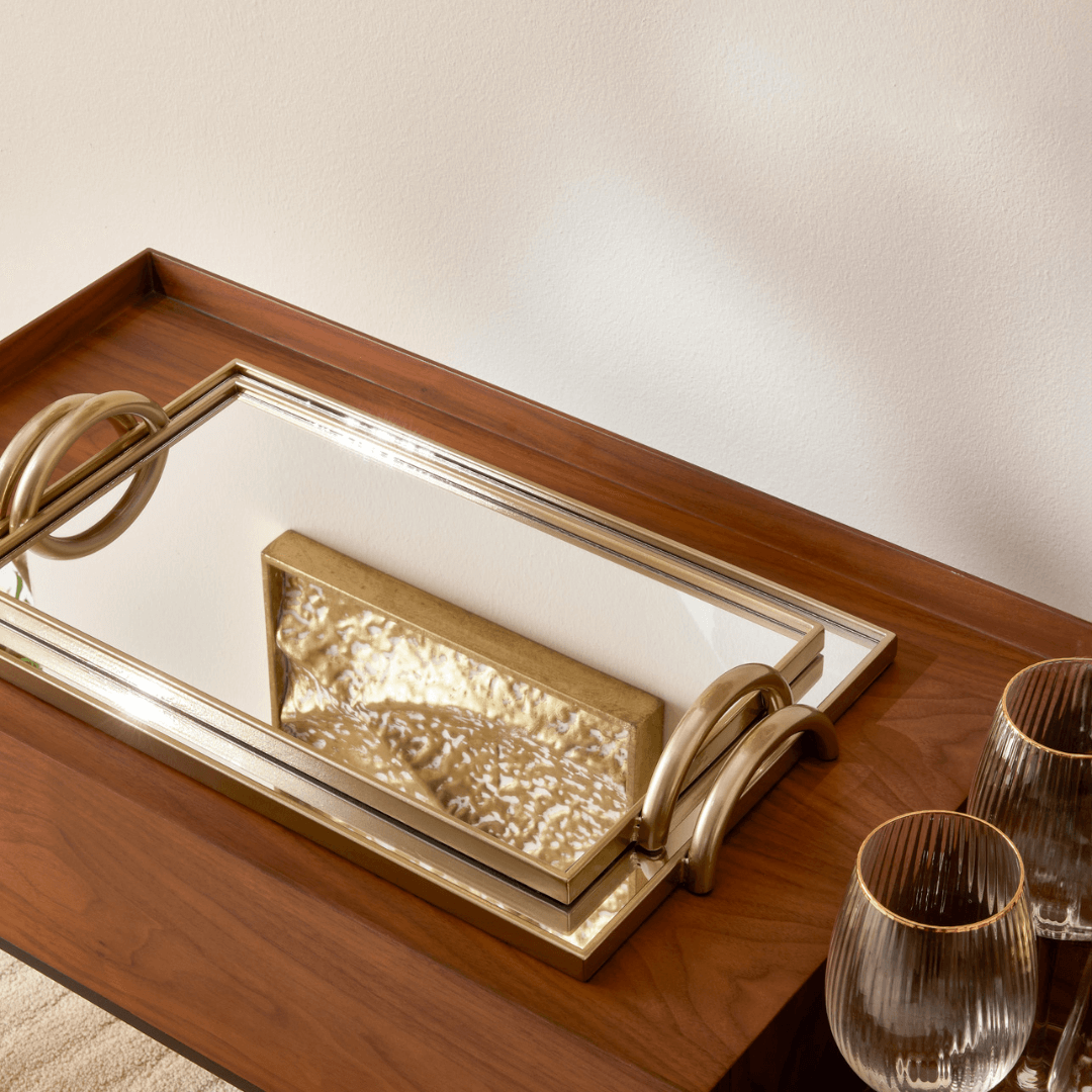 Bandeja em Metal com Espelho Dourado 40,5cm
