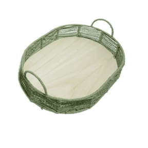 Bandeja Oval de Palha Cestaria com Base de Madeira Verde 45cm