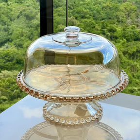 Boleira Prato para Bolo Petisqueira Pearl de Cristal com Pé e Tampa Âmbar 31cm x 25cm
