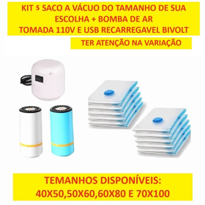 Kit Vácuo Inteligente Pro: 5 Sacos + Bomba Automática