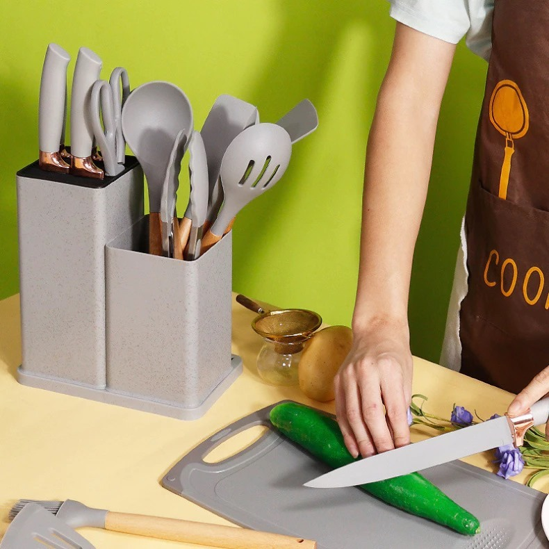 Kit 19 Peças de Utensílios Em Silicone Com Cabo de Madeira