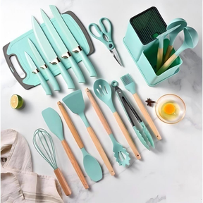 Kit 19 Peças de Utensílios Em Silicone Com Cabo de Madeira