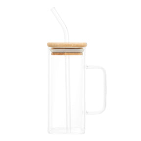 Caneca de Vidro com Canudo e Tampa de Bambu 400ml