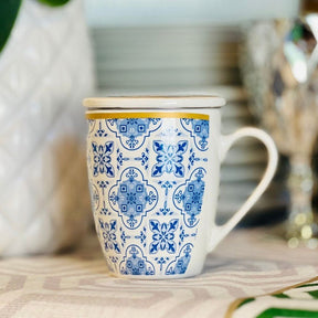 Caneca Super White com Tampa e Filtro Lisboa em Porcelana Azul e Branco 310ml
