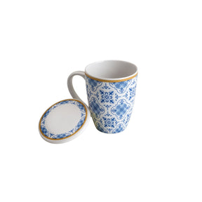 Caneca Super White com Tampa e Filtro Lisboa em Porcelana Azul e Branco 310ml