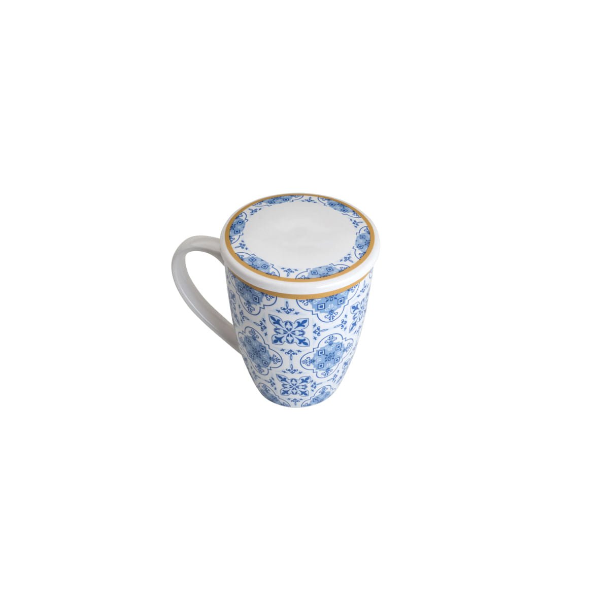 Caneca Super White com Tampa e Filtro Lisboa em Porcelana Azul e Branco 310ml