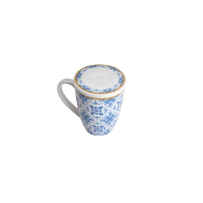 Caneca Super White com Tampa e Filtro Lisboa em Porcelana Azul e Branco 310ml