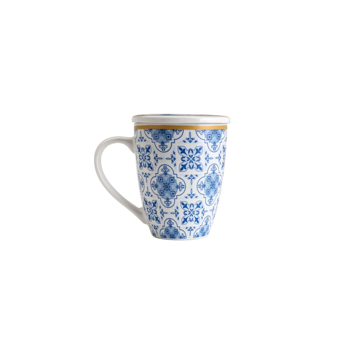 Caneca Super White com Tampa e Filtro Lisboa em Porcelana Azul e Branco 310ml