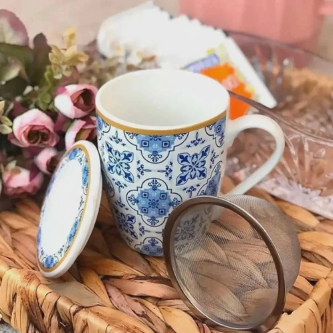 Caneca Super White com Tampa e Filtro Lisboa em Porcelana Azul e Branco 310ml