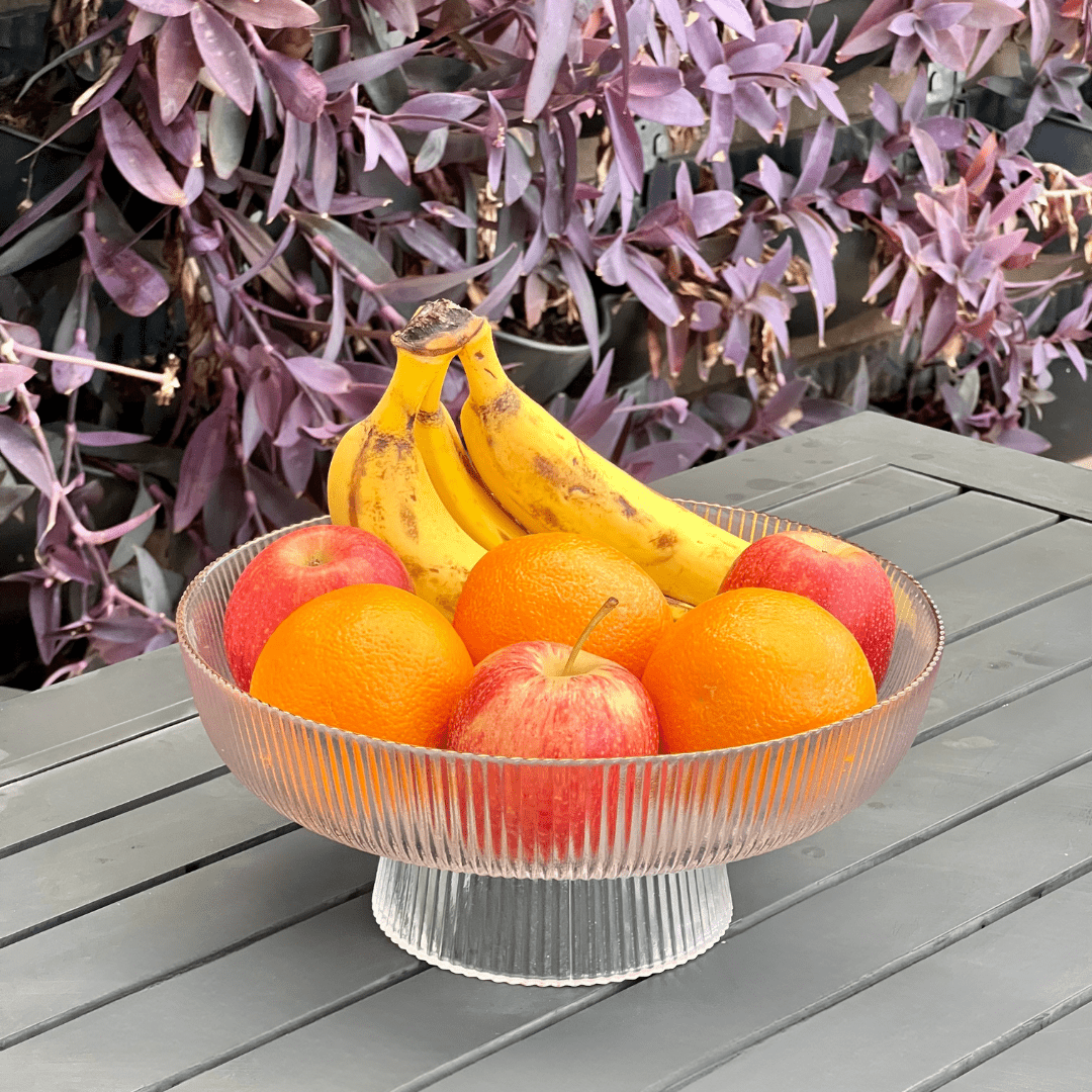 Centro de Mesa de Vidro com Pé Graffiato Transparente e Borda Dourada 26cm