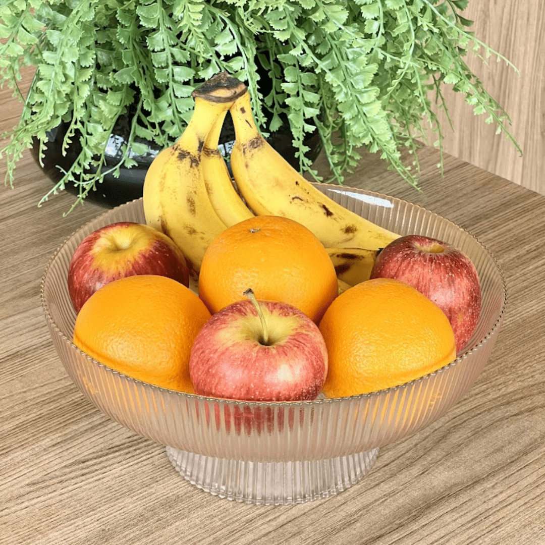 Centro de Mesa de Vidro com Pé Graffiato Transparente e Borda Dourada 26cm