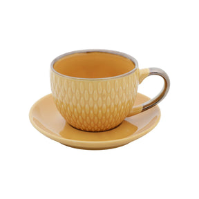 Conjunto 4 Xícaras de Café Com Pires Porcelana Amarelo Drops com Detalhe Metalizado - 90ml