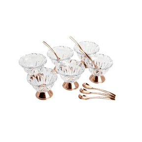 Conjunto 6 Bowls Taças Cristal Para Sobremesa + 6 Colheres Rose Gold