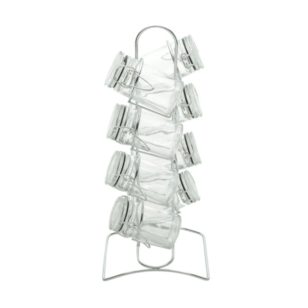 Conjunto 8 Potes Herméticos Vidro Borossilicato 65ml com Suporte de Metal Cromado