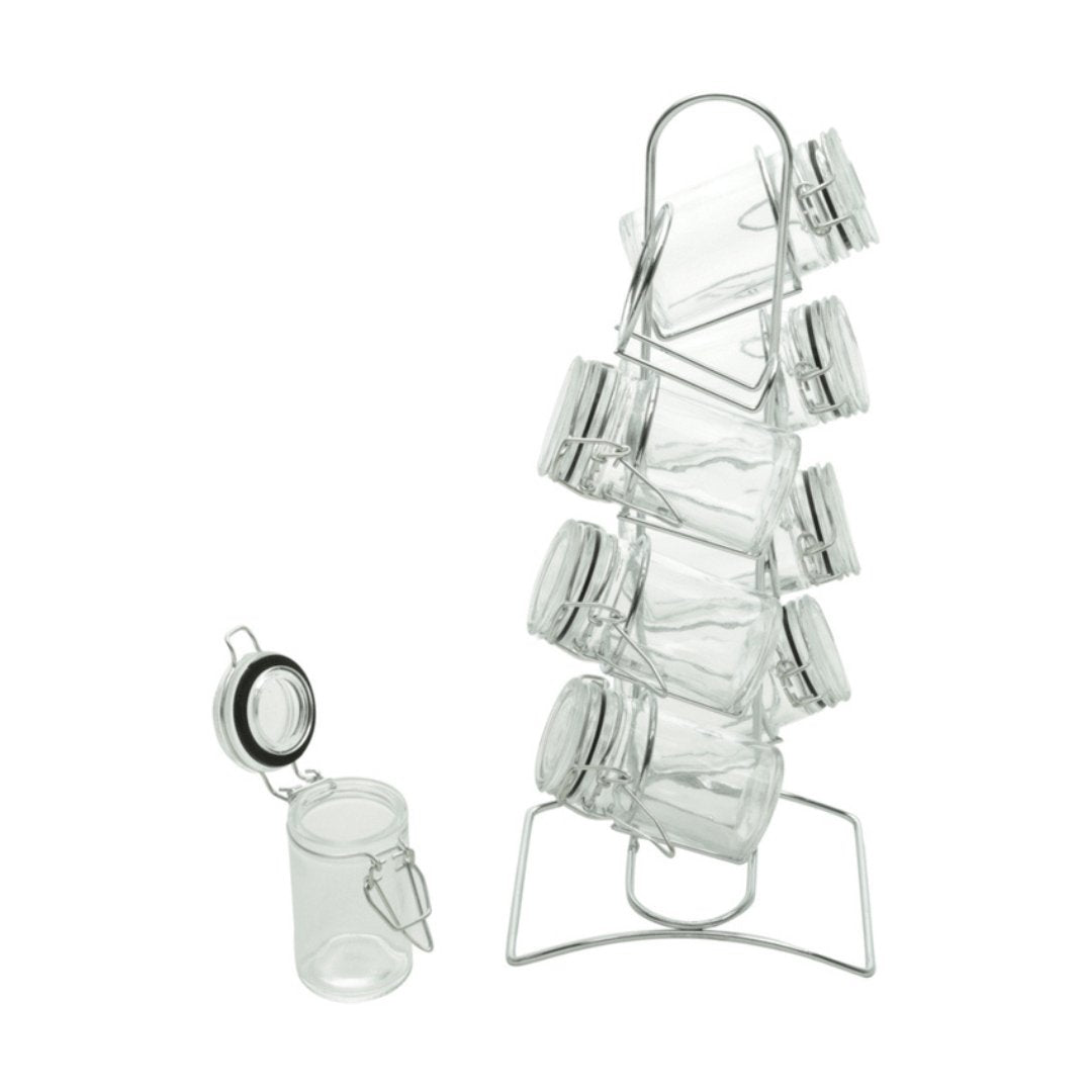 Conjunto 8 Potes Herméticos Vidro Borossilicato 65ml com Suporte de Metal Cromado