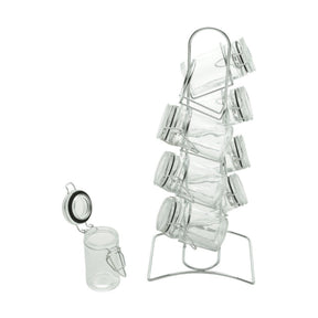 Conjunto 8 Potes Herméticos Vidro Borossilicato 65ml com Suporte de Metal Cromado