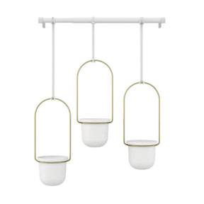 Conjunto com 3 Vasos Cachepot Suspensos Branco e Dourado
