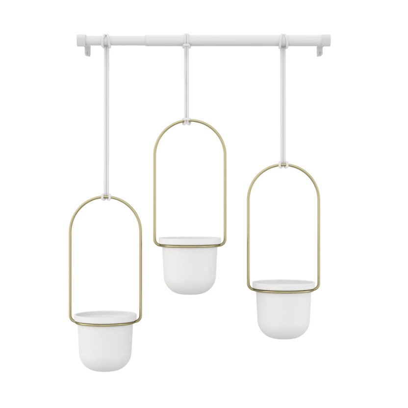 Conjunto com 3 Vasos Cachepot Suspensos Branco e Dourado