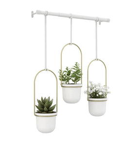 Conjunto com 3 Vasos Cachepot Suspensos Branco e Dourado
