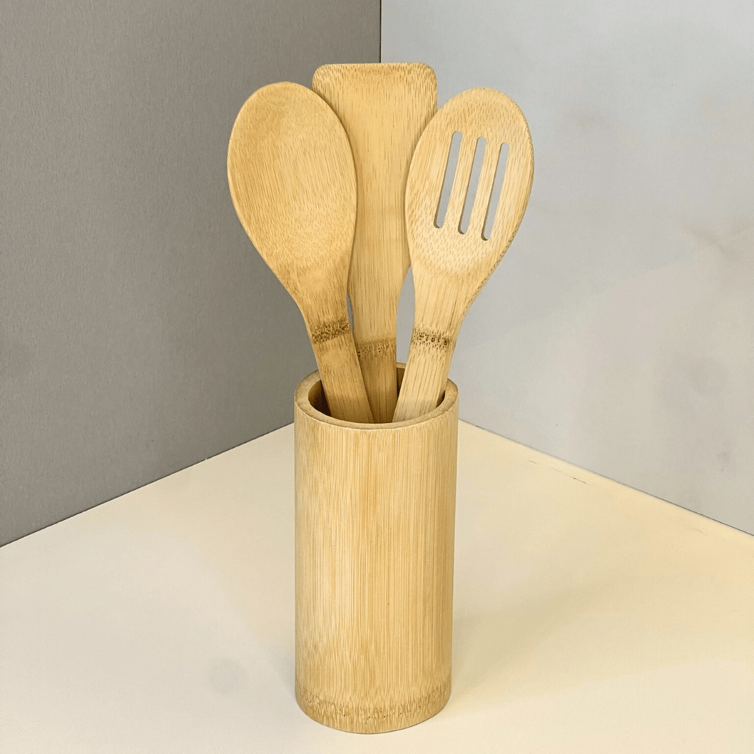 Conjunto de 3 Utensílios com Suporte de Bambu 30x8cm