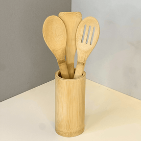 Conjunto de 3 Utensílios com Suporte de Bambu 30x8cm