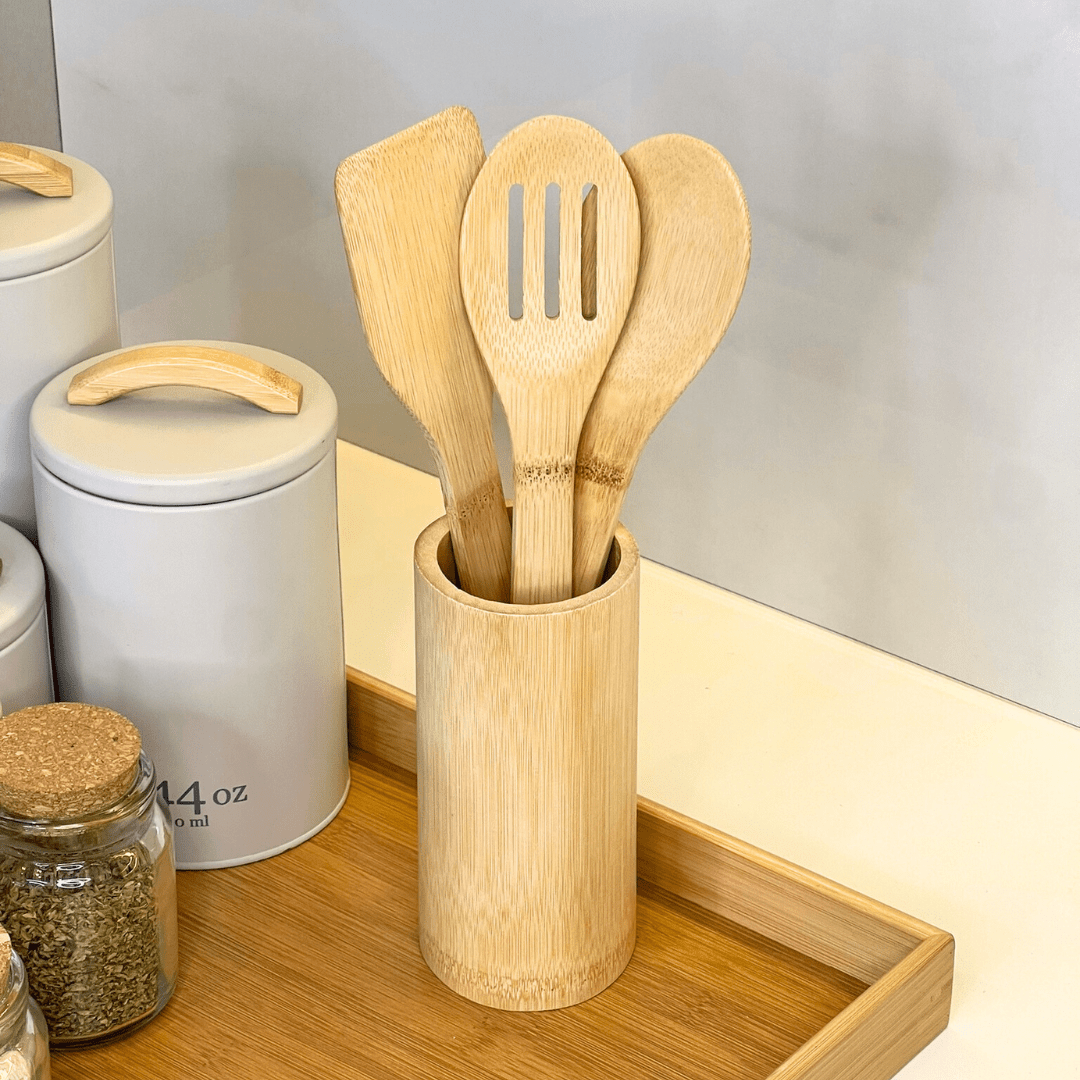 Conjunto de 3 Utensílios com Suporte de Bambu 30x8cm