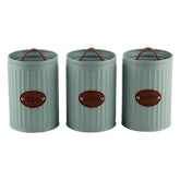 Conjunto de Latas Herméticas Porta Condimentos de Ferro Verde Menta e Tampa com Puxador Couro Sugar Coffee Tea - 3 Peças