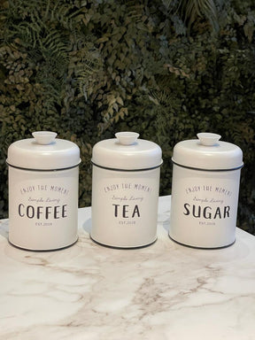 Conjunto de Latas Herméticas Porta Condimentos em Metal Branco Sugar Coffee Tea - 3 Peças