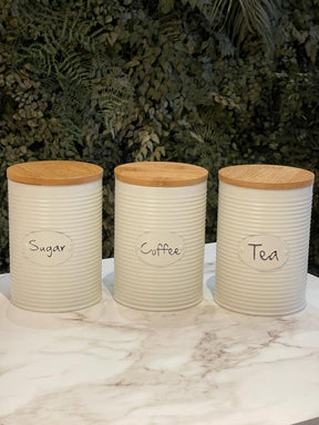 Conjunto de Latas Herméticas Porta Condimentos em Metal Branco Tampa Madeira Sugar Coffee Tea - 3 Peças