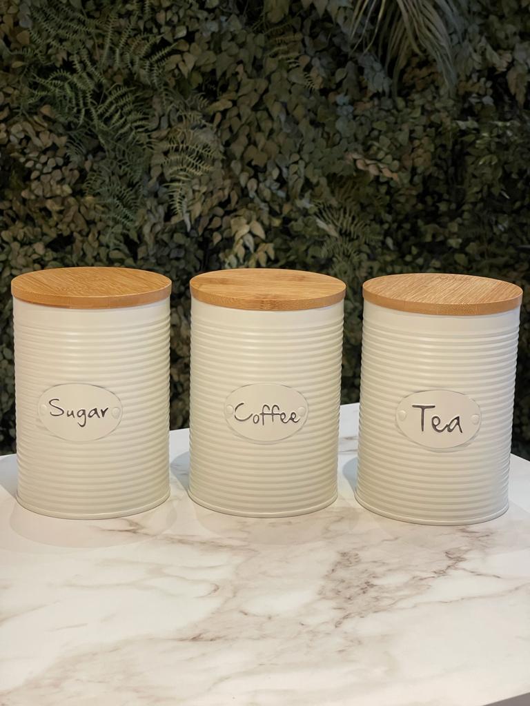 Conjunto de Latas Herméticas Porta Condimentos em Metal Branco Tampa Madeira Sugar Coffee Tea - 3 Peças