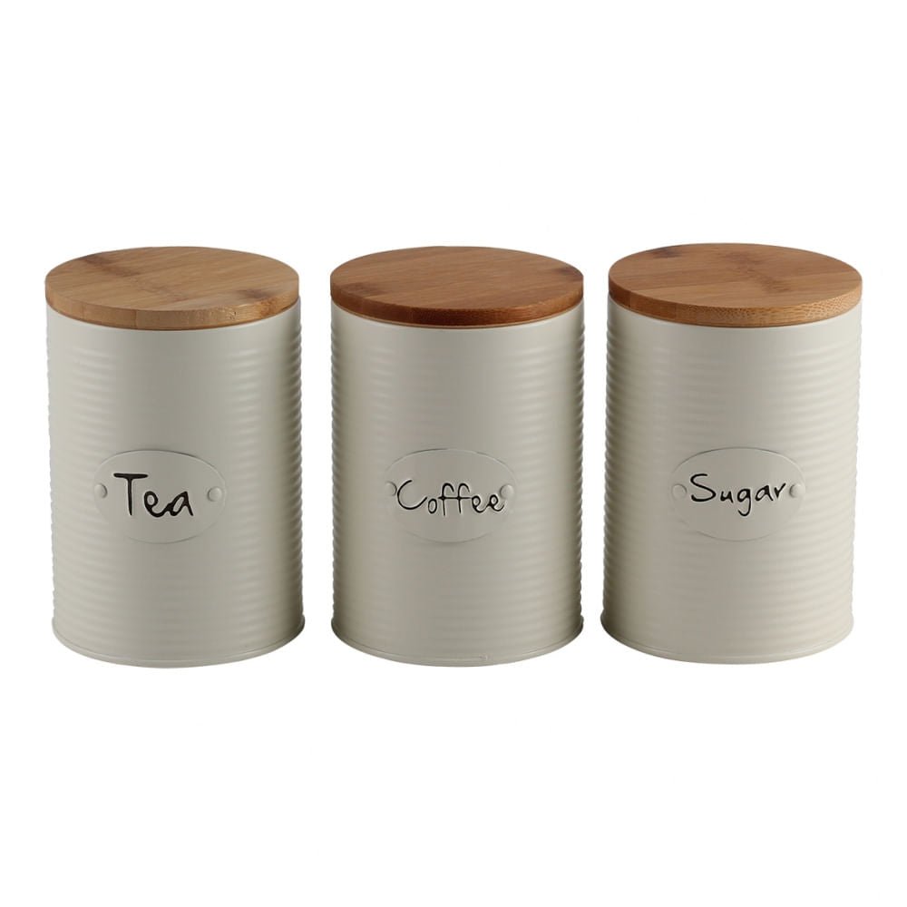 Conjunto de Latas Herméticas Porta Condimentos em Metal Branco Tampa Madeira Sugar Coffee Tea - 3 Peças