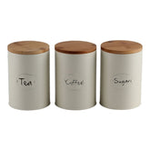 Conjunto de Latas Herméticas Porta Condimentos em Metal Branco Tampa Madeira Sugar Coffee Tea - 3 Peças