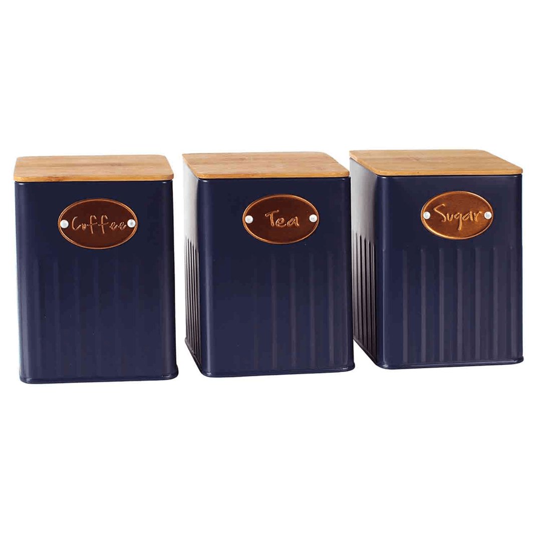 Conjunto De Potes Porta Condimento De Ferro 3pcs Azul e Madeira