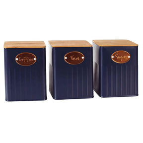 Conjunto De Potes Porta Condimento De Ferro 3pcs Azul e Madeira