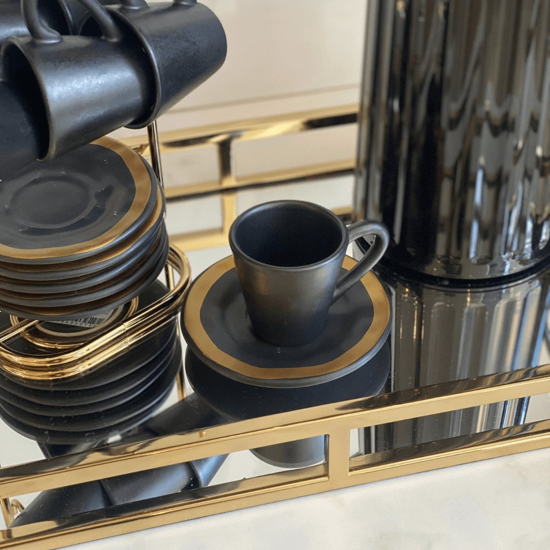 Conjunto de Xícaras de Café com Pires Preto Filete Amassada