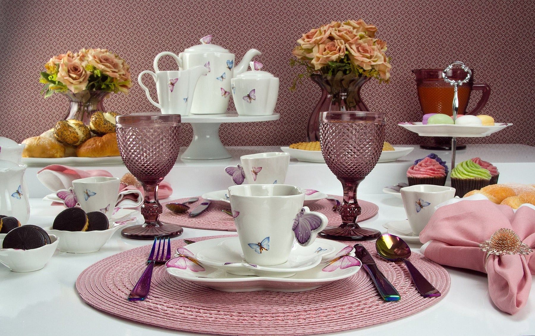Conjunto para Café Bule Açucareiro Leiteira Porcelana Borboletas Branco 3 Peças