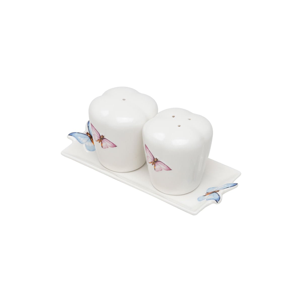 Conjunto Saleiro e Pimenteiro com Bandeja de Porcelana Borboletas Branco 6cm 3 Peças