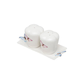 Conjunto Saleiro e Pimenteiro com Bandeja de Porcelana Borboletas Branco 6cm 3 Peças