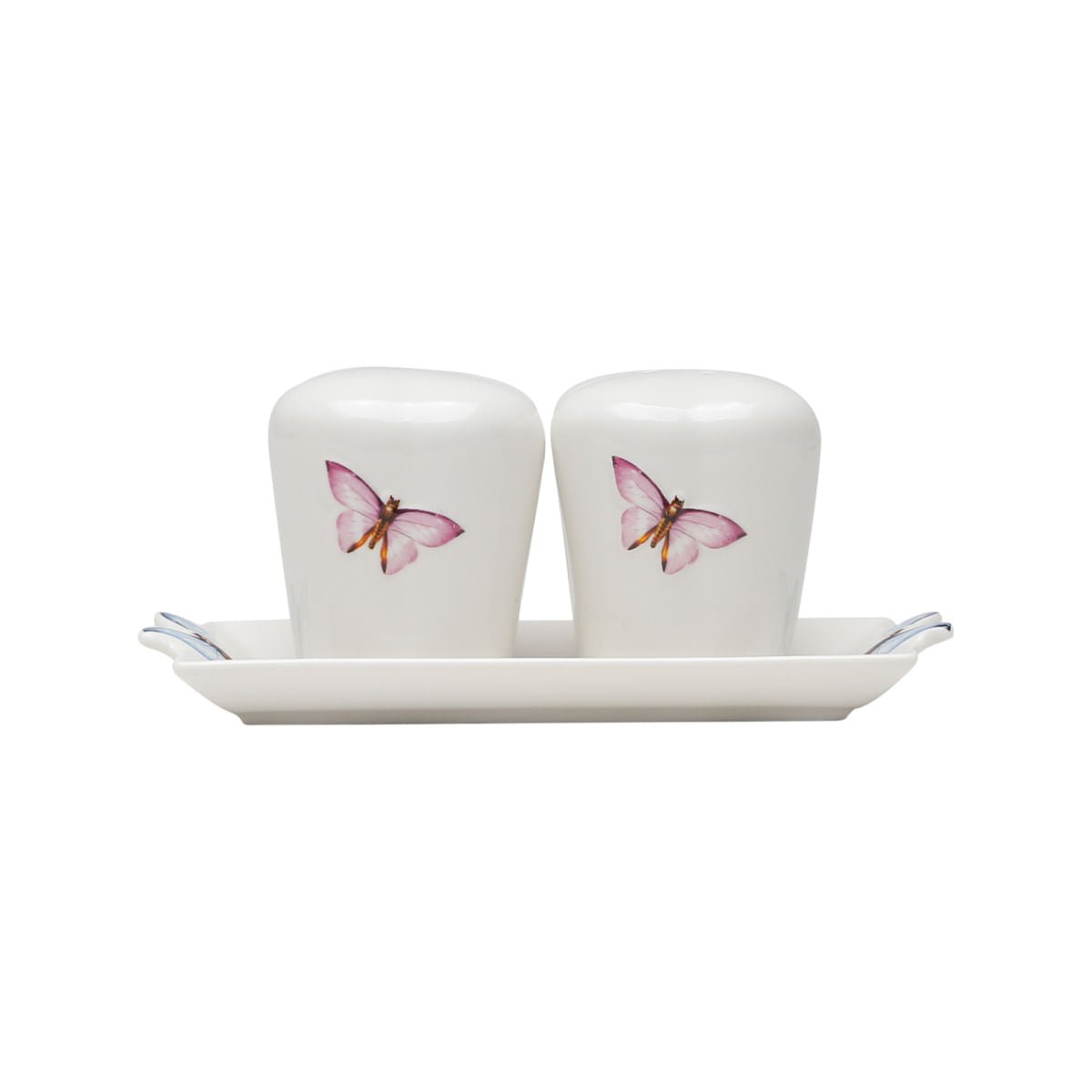 Conjunto Saleiro e Pimenteiro com Bandeja de Porcelana Borboletas Branco 6cm 3 Peças