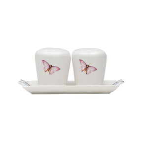 Conjunto Saleiro e Pimenteiro com Bandeja de Porcelana Borboletas Branco 6cm 3 Peças