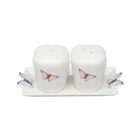Conjunto Saleiro e Pimenteiro com Bandeja de Porcelana Borboletas Branco 6cm 3 Peças