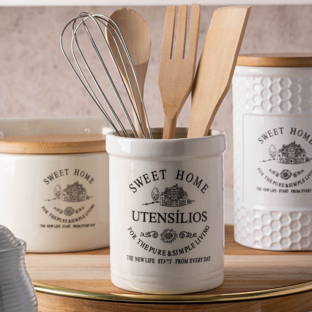 Conjunto Utensílios para Cozinha com Suporte em Cerâmica 5 Peças