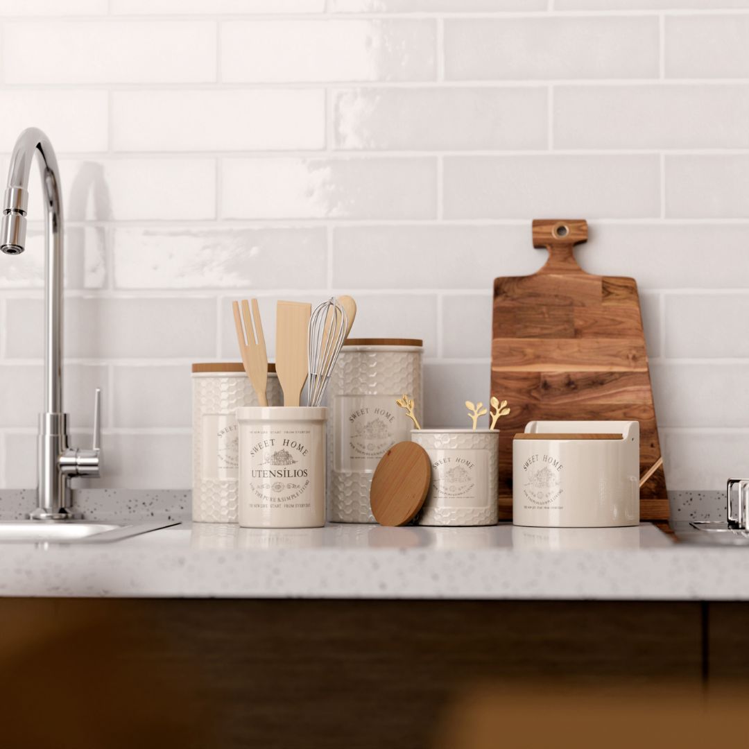 Conjunto Utensílios para Cozinha com Suporte em Cerâmica 5 Peças