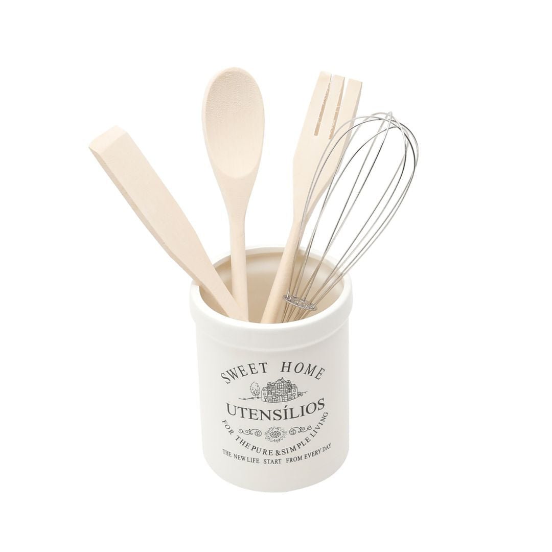 Conjunto Utensílios para Cozinha com Suporte em Cerâmica 5 Peças