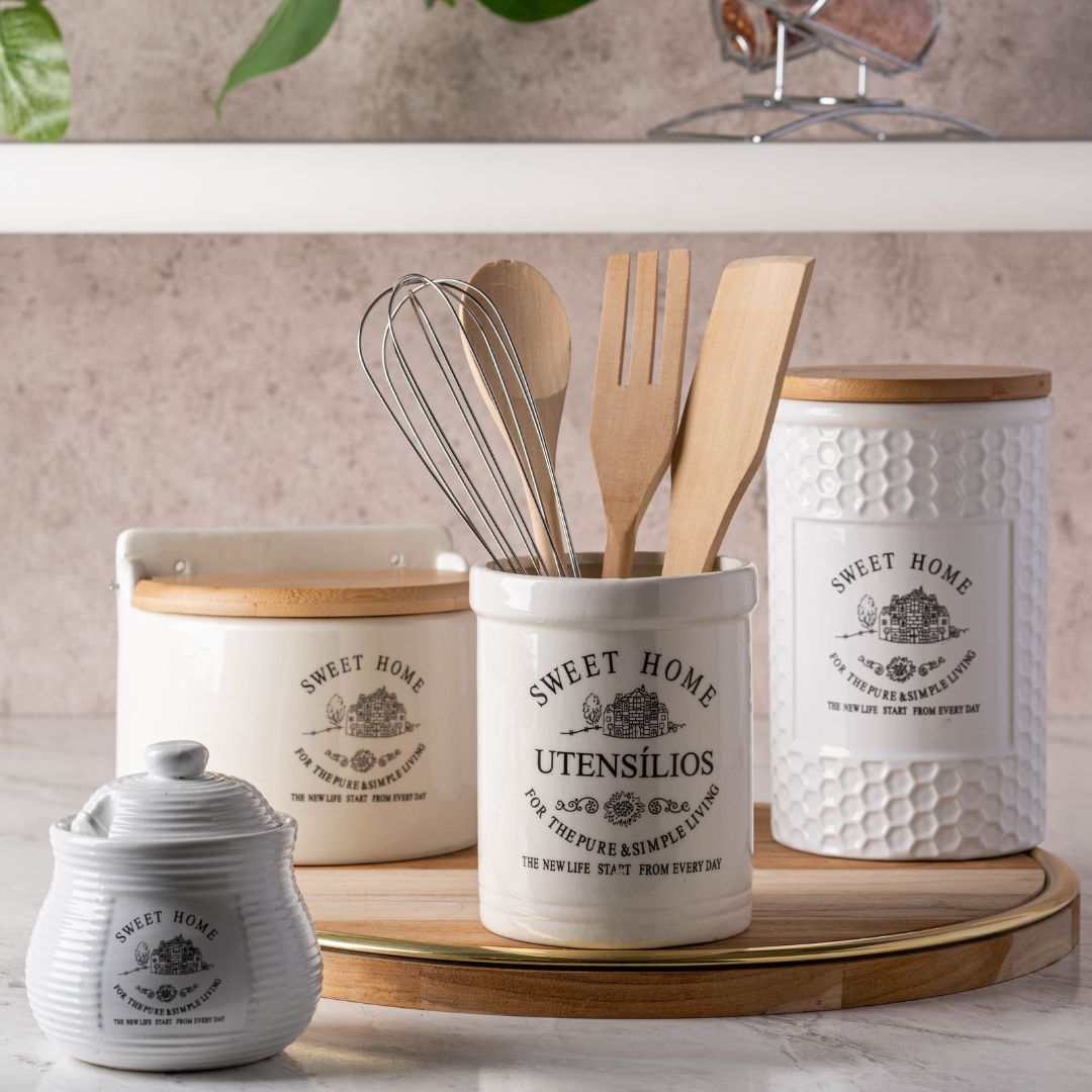 Conjunto Utensílios para Cozinha com Suporte em Cerâmica 5 Peças