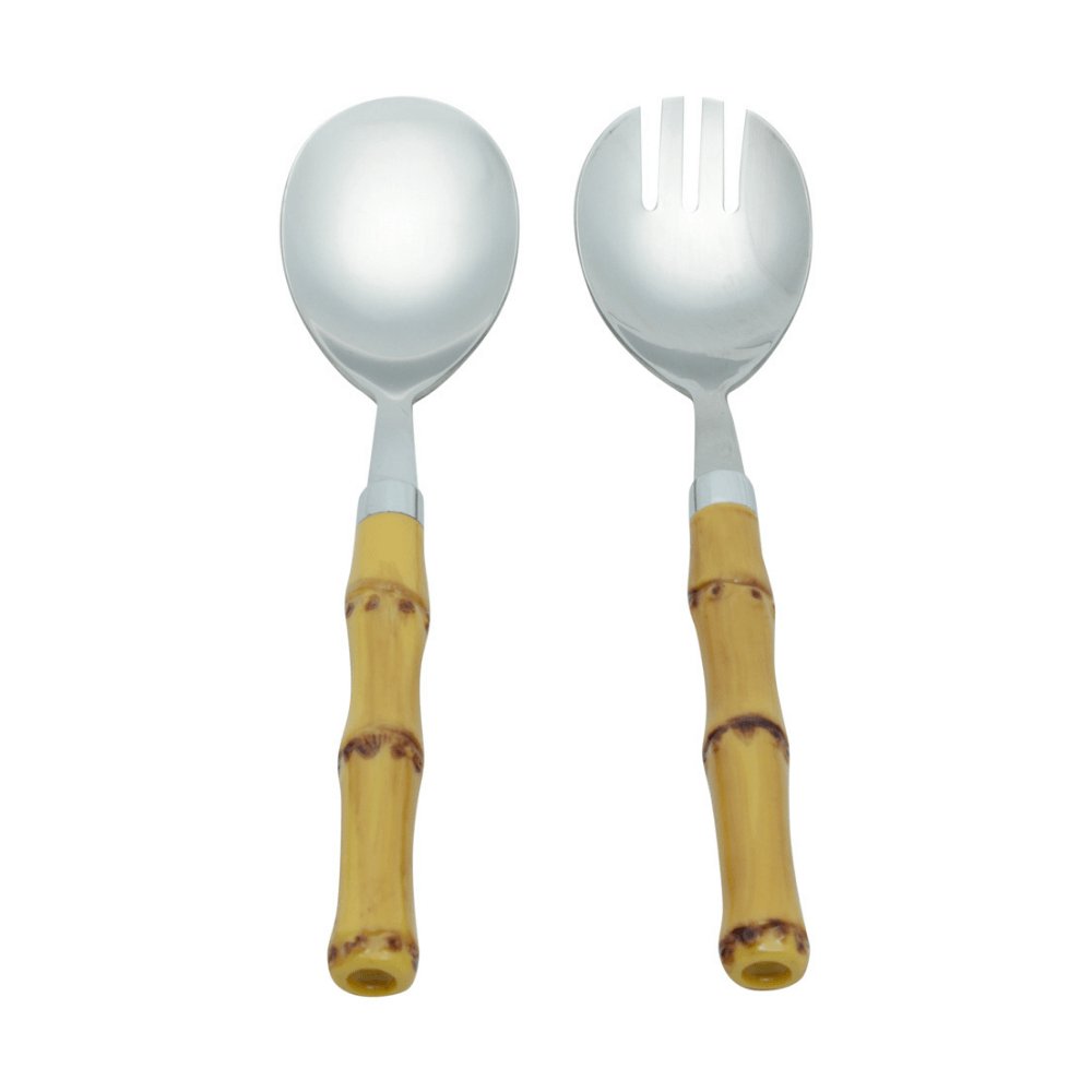 Conjunto Utensílios Para Servir Aço Inox Com Cabo Bambu Luxo 21cm - 2 Peças