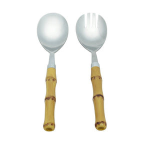 Conjunto Utensílios Para Servir Aço Inox Com Cabo Bambu Luxo 21cm - 2 Peças