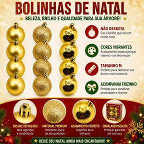 Exemplo dos acabamentos das bolas de Natal. Cores podem variar.