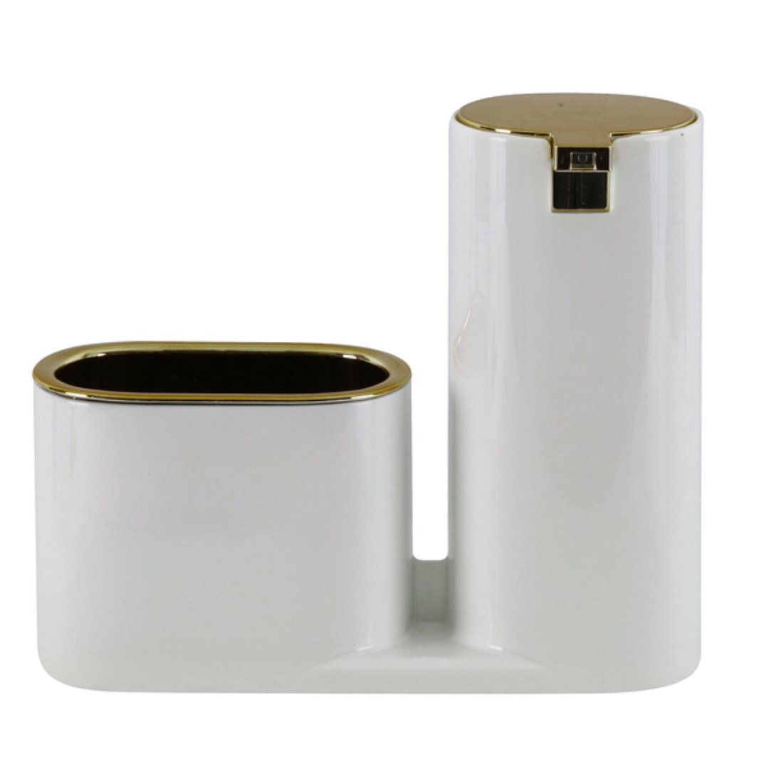 Dispenser Porta Detergente com Bucha Linha Conceito Branco com Dourado